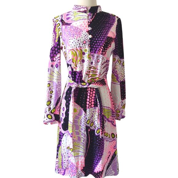Vintage 1970s Dress Womens Purple Pink MCM Hippie Psychedelic Retro Anika XS/S - Picture 9 of 16